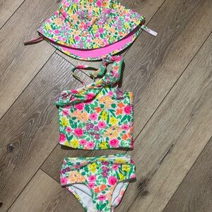 Cat‎ & Jack Vibrant Neon Floral Two Piece Swimsuit with Matching Sun Hat 2T